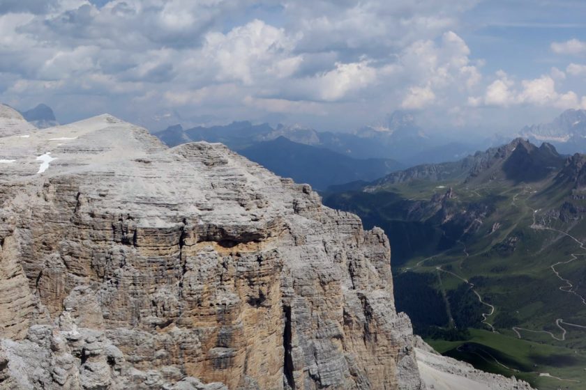 Sass Pordoi and Carezza Lake in the Dolomites